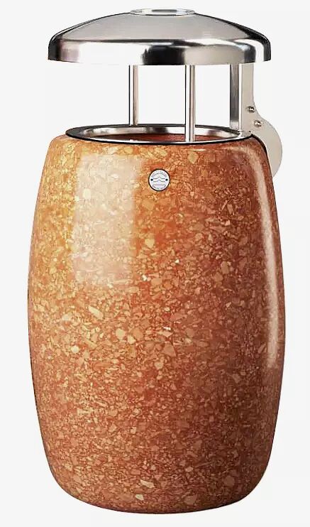 Abfallbehälter PEGASO aus rekonstituiertem Marmor geschliffen, in veronarot, mit Edelstahl-Schutzdach und Ascher