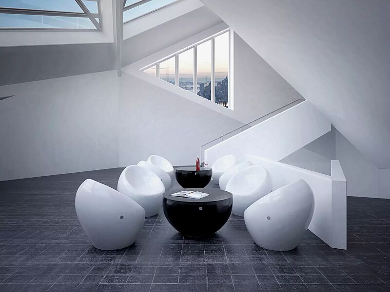 Sitze CUDDLY zum freien Aufstellen, aus Beton, in RAL 9010 reinweiß und Tisch FAMILY zum freien Aufstellen, aus Beton, in RAL 9005 tiefschwarz