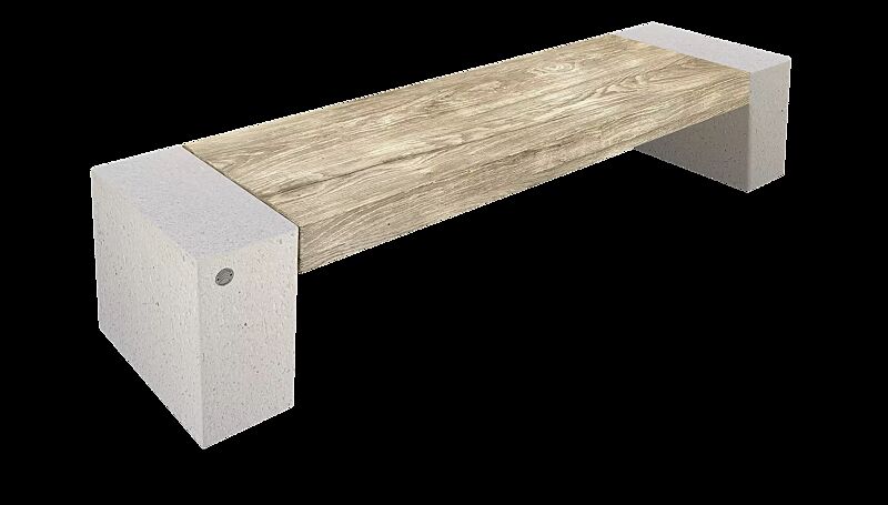 Sitzbank ERACLEA GRES ohne Rückenlehne, aus rekonstituiertem Marmor, in weiß carrara, mit Feinsteinzeug-Auflage in Holzoptik hell