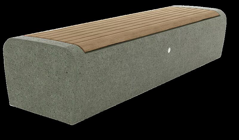 Sitzbank ONDA aus rekonstituiertem Marmor, mit Okouméholzbelattung, Sitzkante sandgestrahlt, in grün alpi