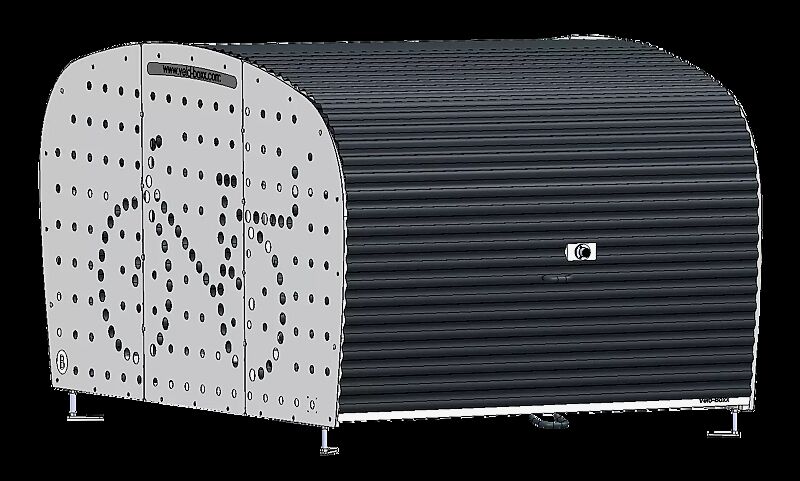Fahrradgarage VELO-BOXX®-Professional für Longtail-Lastenrad, Klappflügeltür aus Wellblech in RAL 7016 anthrazitgrau, Seitenwände in RAL 7004 signalgrau