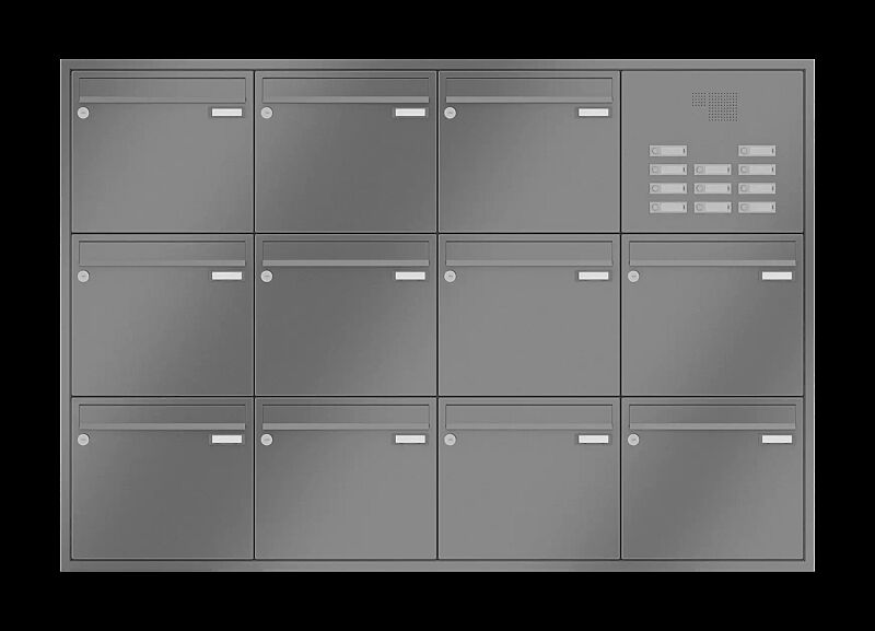 Briefkastenanlage RAGUSA mit 11 Briefkästen, Unterputzanlage, mit Sprech- und Klingelfach, Stahlteile in RAL 9007 graualuminium