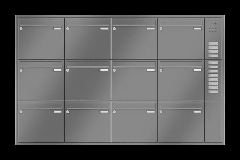 Briefkastenanlage RAGUSA mit 12 Briefkästen, Unterputzanlage, mit Sprech- und Klingelfach, Stahlteile in RAL 9007 graualuminium