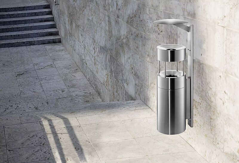 Abfallbehälter QUEEN mit Ascher, zur Wandbefestigung, Abfallbehälter mit Löschaufsatz, Ascher mit Trichter