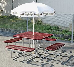 Bank-Tisch-Kombiniation GRADO (für Erwachsene), Sitz- und Tischfläche in RAL 3005 weinrot, Gestell in RAL 9007 graualuminium