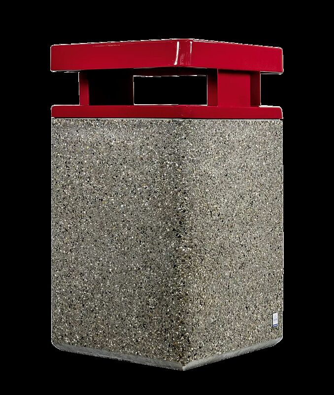 Abfallbehälter GARDA - B, Beton mit transparenter Beschichtung in  sand - 4/A, Schutzdach in RAL 3000 feuerrot