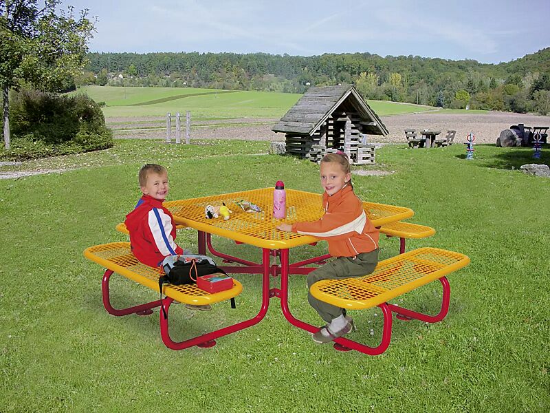 Bank-Tisch-Kombination GRADO (für Kinder), Sitz-und Tischfläche in RAL 1007 narzissengelb, Bankgestell in RAL 3001 signalrot