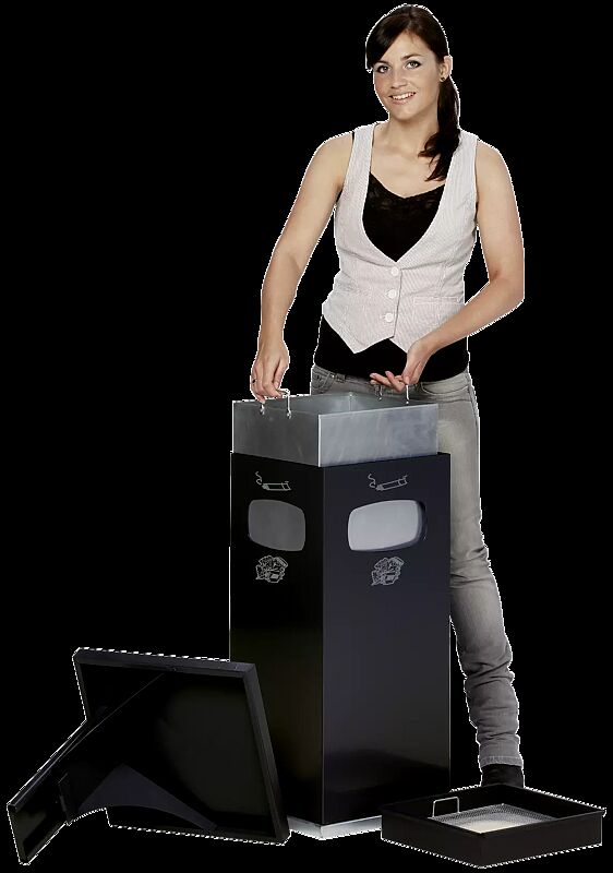 zum Entleeren Schutzdach abnehmen, Ascherschale und Innenbehälter entnehmen