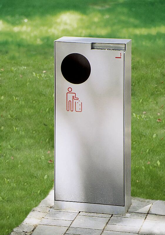 Abfallbehälter CRYSTAL mit Ascher, 55 Liter, ohne Einwurfklappe, aus Edelstahl, Siebdruck in RAL 3020 verkehrsrot