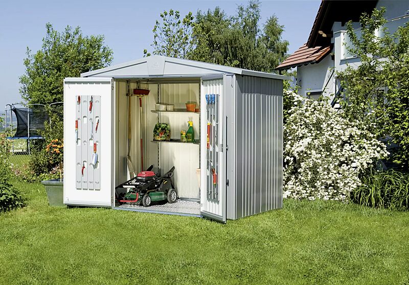 Gerätehaus EUROPA, Modell 3 in silber-metallic, Bodenrahmen und Bodenplatte als Zubehör erhältlich