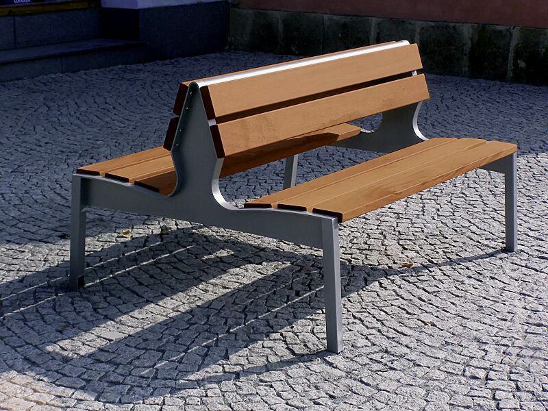 Sitzbank VERA mit Rückenlehne, doppelseitig, mit Jatobaholzbelattung, Stahlteile in DB 703 eisenglimmer