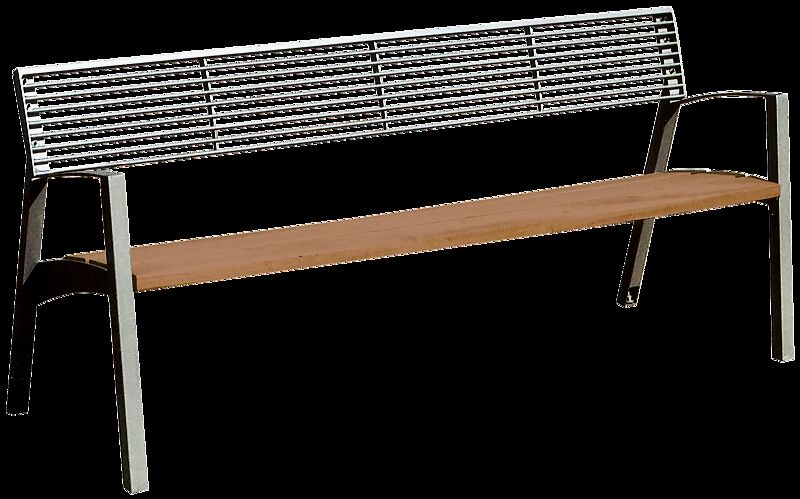 Sitzbank VERA mit Rückenlehne und Armlehnen, Rückenlehne mit Rundstahl, Sitzfläche mit Jatobaholzbelattung, Stahlteile in DB 703 eisenglimmer