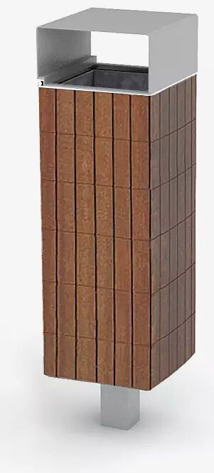 Abfallbehälter NANUK, quadratisch, mit Schutzdach, Korpus: Jatobaholzbelattung, Stahlteile in RAL 9006 weißaluminium