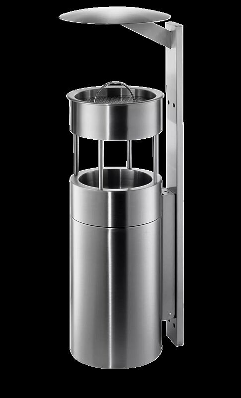 Abfallbehälter QUEEN mit Ascher, zur Wandbefestigung, Abfallbehälter mit Aufsatzring, Ascher mit Sieb