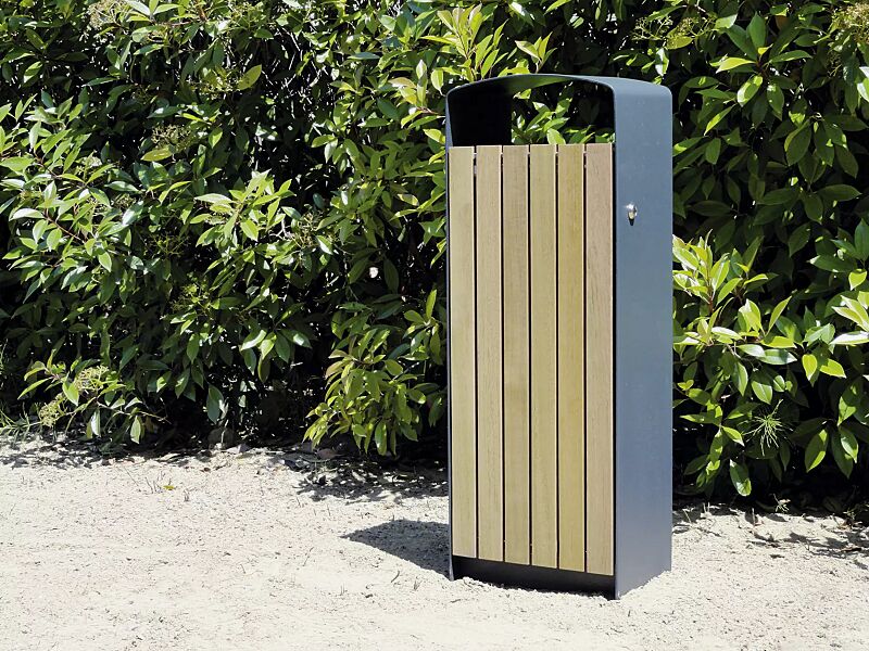 Abfallbehälter PRAX, 45 Liter, Korpus: Robinienholzbelattung, Stahlteile in RAL 7016 anthrazitgrau