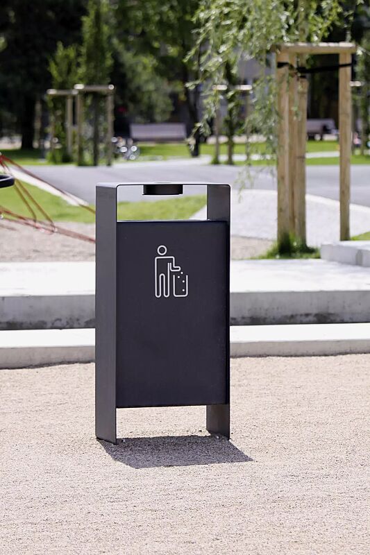 Abfallbehälter RADIUM in RAL 7016 anthrazitgrau, Siebdruck in RAL 9003 signalweiß