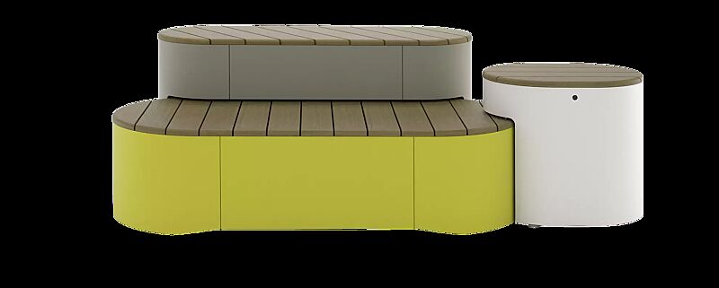 Sitzpodest URBAN ISLANDS, Kombination 1, mit Jatobaholzbelattung, Stahlteile in RAL 1021 rapsgelb, RAL 9006 weißaluminium und RAL 9007 graualuminium