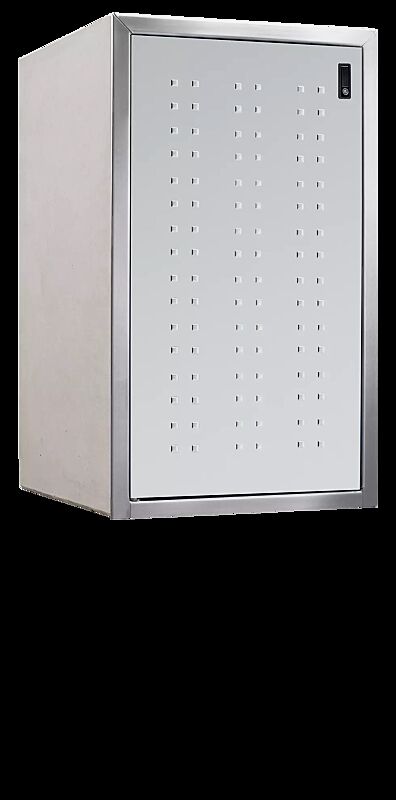 Müllbehälter-Einzelschrank DARWEN, Korpus Sichtbeton glatt, Tür in weißaluminium ähnlich RAL 9006