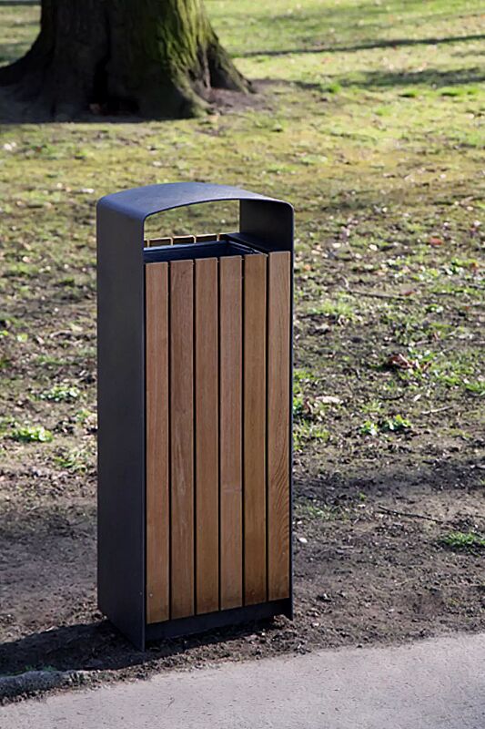 Abfallbehälter PRAX, Korpus: Jatobaholzbelattung, Stahlteile in RAL 7016 anthrazitgrau