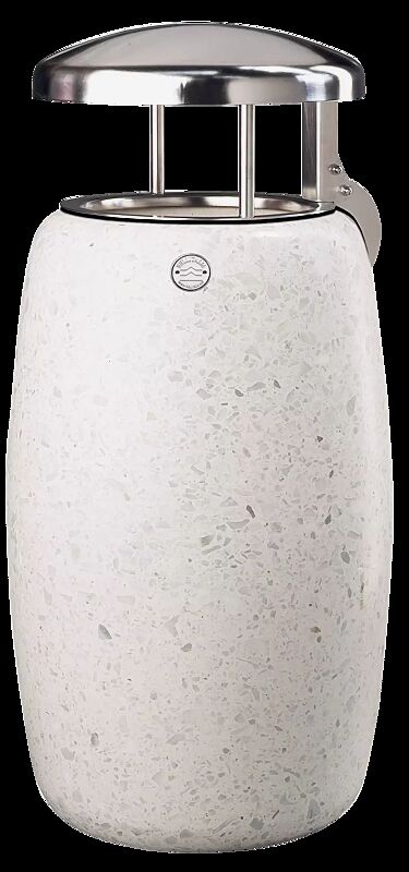 Abfallbehälter ORIONE aus Beton geschliffen, mit Edelstahl-Schutzdach, in Granitoptik weiß