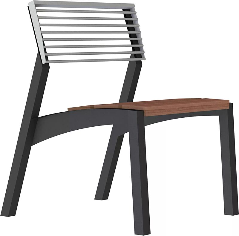 Sitz VERA mit Rückenlehne aus Rundstahl, Sitzfläche mit Jatobaholzbelattung, Stahlteile in RAL 9005 tiefschwarz