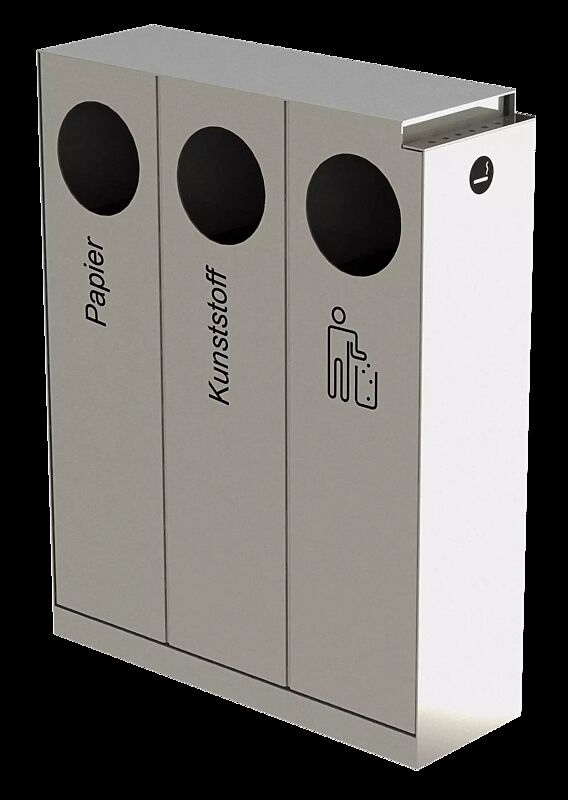 Abfallbehälter CRYSTAL TRIO mit 1 Ascher, 3 x 32 Liter, ohne Einwurfklappe, Edelstahl, Siebdruck in RAL 9005 tiefschwarz