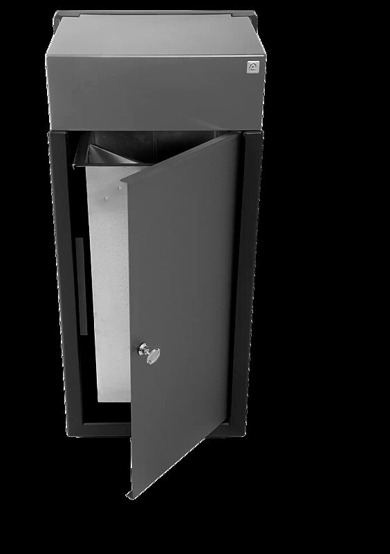 Abfallbehälter INTAL mit Ascher, mit Schutzdach in RAL 9007 graualuminium, Beton beschichtet in graphit, Tür in RAL 7021 schwarzgrau