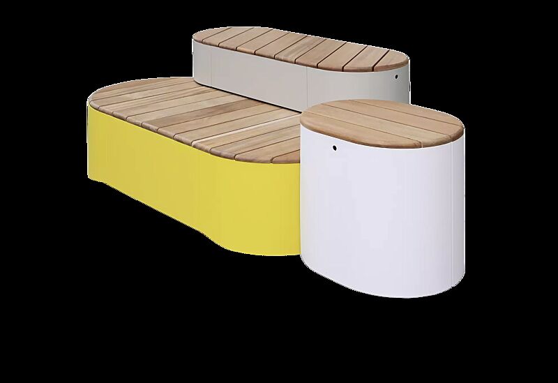 Sitzpodest URBAN ISLANDS, Kombination 1, mit Jatobaholzbelattung, Stahlteile in RAL 1021 rapsgelb, RAL 9006 weißaluminium und RAL 9010 reinweiß