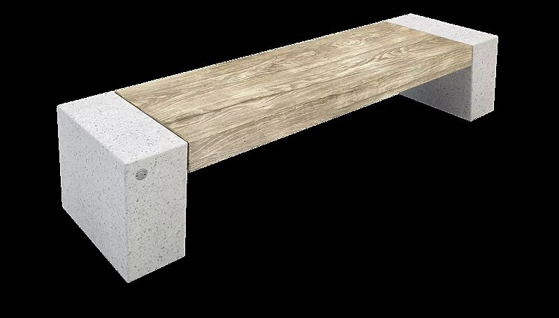 Sitzbank ERACLEA GRES ohne Rückenlehne, aus Beton, in Granitoptik weiß, mit Feinsteinzeug-Auflage in Holzoptik hell