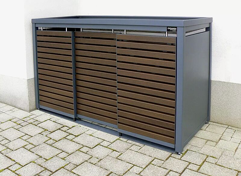 Müllbehälter-Dreifachschrank STYLEOUT® LINIS mit Pflanzdach, Aluminiumkonstruktion in RAL 7016 anthrazitgrau, Schiebetüren in Holzdekor Wenge
