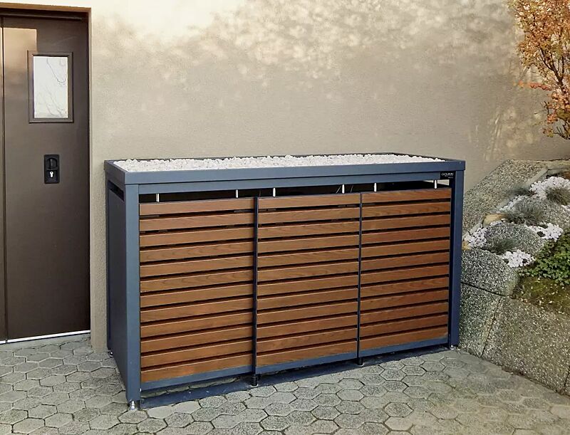 Müllbehälter-Dreifachschrank STYLEOUT® LINIS mit Pflanzdach, Aluminiumkonstruktion in RAL 7016 anthrazitgrau, Schiebetüren in Holzdekor Kirschbaum dunkel