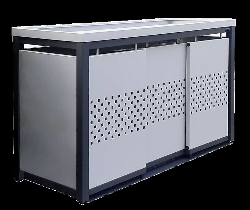 Müllbehälter-Dreifachschrank STYLEOUT® QUBIS mit Pflanzdach, Aluminiumkonstruktion in RAL 7016 anthrazitgrau, Dach, Schiebetüren, Rück- / Seitenwände in RAL 9006 weißaluminium