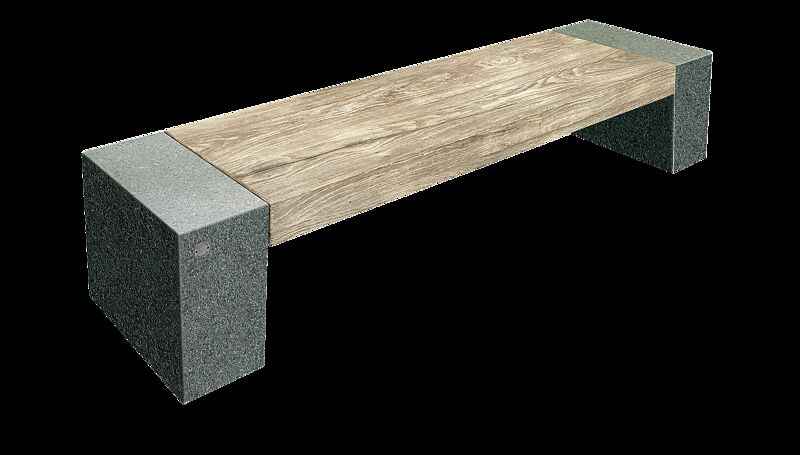 Sitzbank ERACLEA GRES ohne Rückenlehne, aus rekonstituiertem Marmor, in grün alpi, mit Feinsteinzeug-Auflage in Holzoptik dunkel