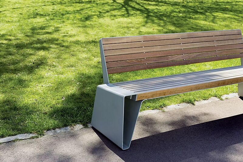 Sitzbank RADIUM mit Rückenlehne, mit Jatobaholzbelattung, Stahlteile in 9006 weißaluminium