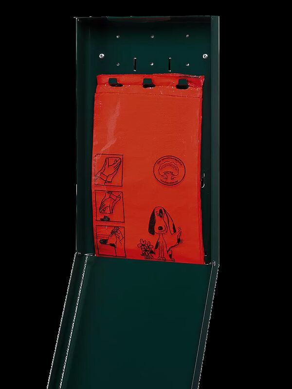 Hundekotbeutelspender MANETO geöffnet, mit Hundekotbeutel (Zubehör), zur Wandbefestigung, in moosgrün ähnlich RAL 6005