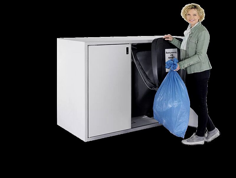 Müllbehälter-Doppelschrank DUNDEE, Korpus Sichtbeton, Türen in weißaluminium ähnlich RAL 9006