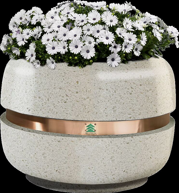 Pflanzbehälter TIMELESS aus Beton geschliffen, in Granitoptik weiß, Ringtaille aus Kupfer