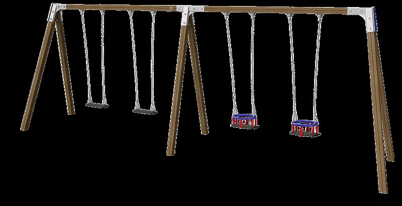 Zweifachschaukel TWINS mit 2 Standard-Sicherheitsschaukelsitzen und 2 Kleinkind-Sicherheitssitzen, Schaukelbalken aus Holz