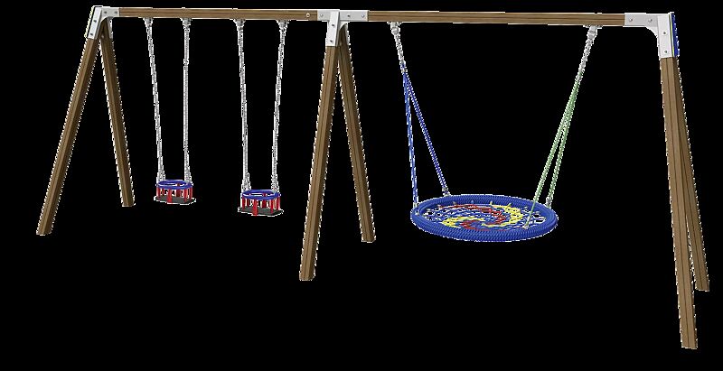 Zweifachschaukel TWINS mit 2 Kleinkind-Sicherheitssitzen und Nestschaukel, Schaukelbalken aus Holz