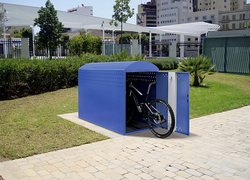 Fahrradgarage LEXINGTON, Grundeinheit mit Bogendach, mit Profilhalbzylinderschloss, Türanschlag DIN rechts, in RAL 5000 violettblau