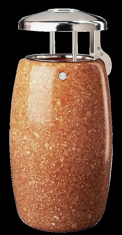 Abfallbehälter ORIONE aus rekonstituiertem Marmor geschliffen, mit Edelstahl-Schutzdach und Ascher, in veronarot