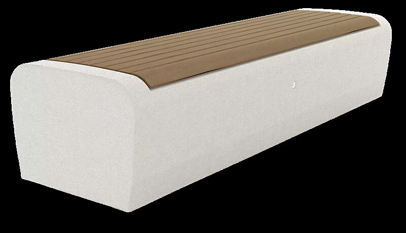 Sitzbank ONDA aus Beton, mit Okouméholzbelattung, Sitzkante sandgestrahlt, in Granitoptik weiß