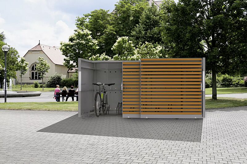 Fahrradgarage STYLEOUT® BIKE LINIS, Rück- und Seitenwände in RAL 9007 graualuminium, Schiebetüren in Holzdekor Douglasie, Dach Aluminium eloxiert