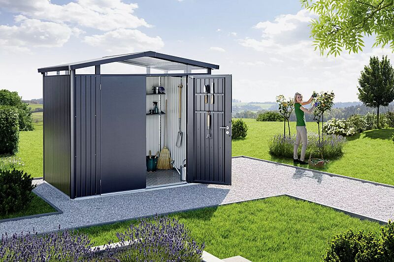 Gerätehaus PANORAMA®, Modell 2 in dunkelgrau-metallic, mit Doppelflügeltür, mit Aluminium-Bodenrahmen und -Bodenplatte