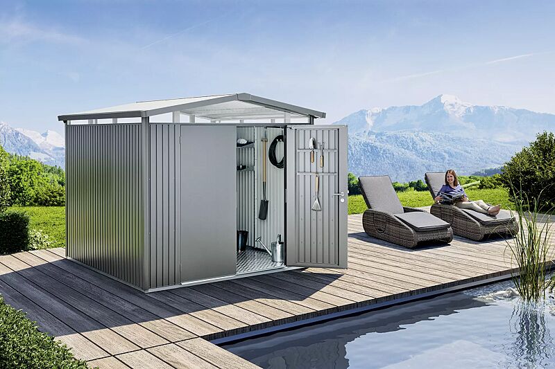 Gerätehaus PANORAMA®, Modell 4 in quarzgrau-metallic, mit Doppelflügeltür