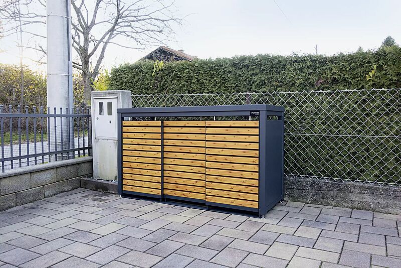 Müllbehälter-Dreifachschrank STYELOUT® LINIS mit Pflanzdach, Aluminiumkonstruktion in RAL 7016 anthrazitgrau, Schiebetüren in Holzdekor Douglasie