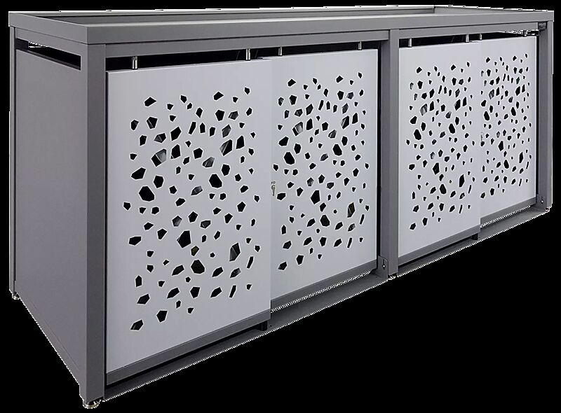 Müllbehälter-Vierfachschrank STYLEOUT® TOMO mit Pflanzdach, Aluminiumkonstruktion in RAL 9007 graualuminium, Schiebetüren in RAL 9006 weißaluminium