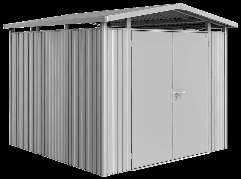 Gerätehaus PANORAMA®, Modell 4 in silber-metallic, mit Doppelflügeltür