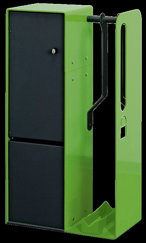 Fahrrad-Abstellanlage VELO-CONNECTOR mit Ladeschließfach und Radeinstellung rechts, Zugang mittels Zylinderschlüssel, Stahlteile in RAL 7016 anthrazitgrau / RAL 6018 gelbgrün