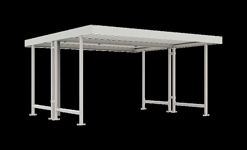 Fahrradüberdachung ARIES, Dachbreite x Dachtiefe 4390 mm x 4400 mm, doppelseitig, ohne Rück- und Seitenwände, Stahlkonstruktion in RAL 9002 grauweiß